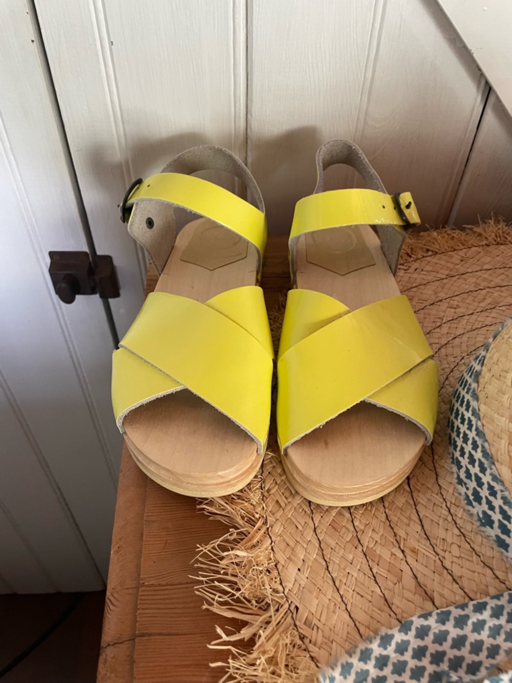 No. 6 Yellow Leather Cross-Strap Sandals for Women